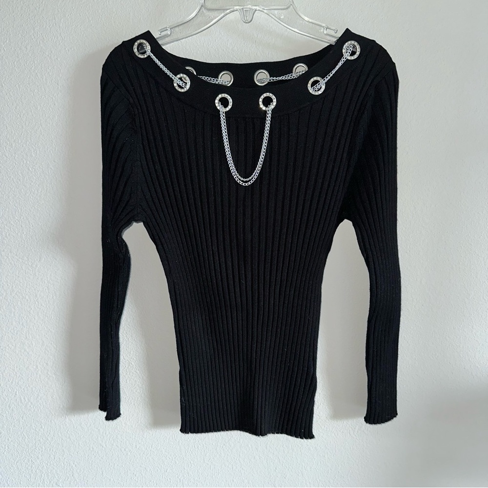 Black Ribbed Sweater with Silver Chain Detail size S